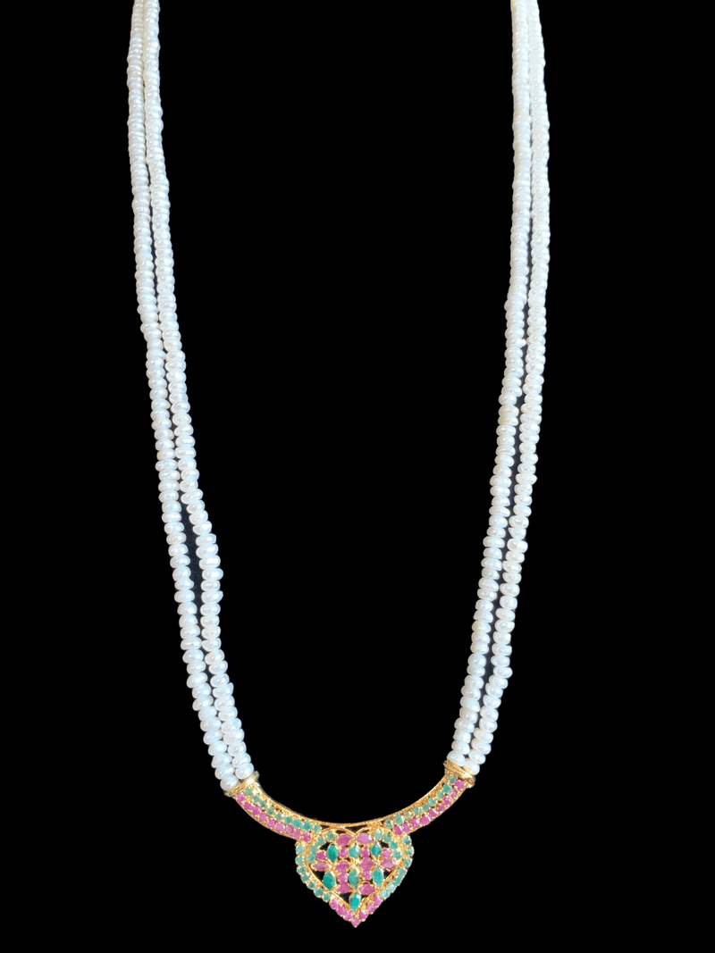 LN132 Ruby emerald long  necklace  set in fresh water pearls ( READY TO SHIP )