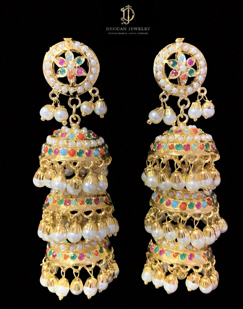 DER363 Nadwa navratan jhumka (READY TO SHIP)