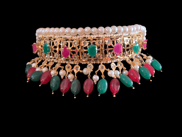 C28 Hyderabadi jadau small sized kids jadavi lacha choker in ruby emerald (SHIPS IN 3 WEEKS )