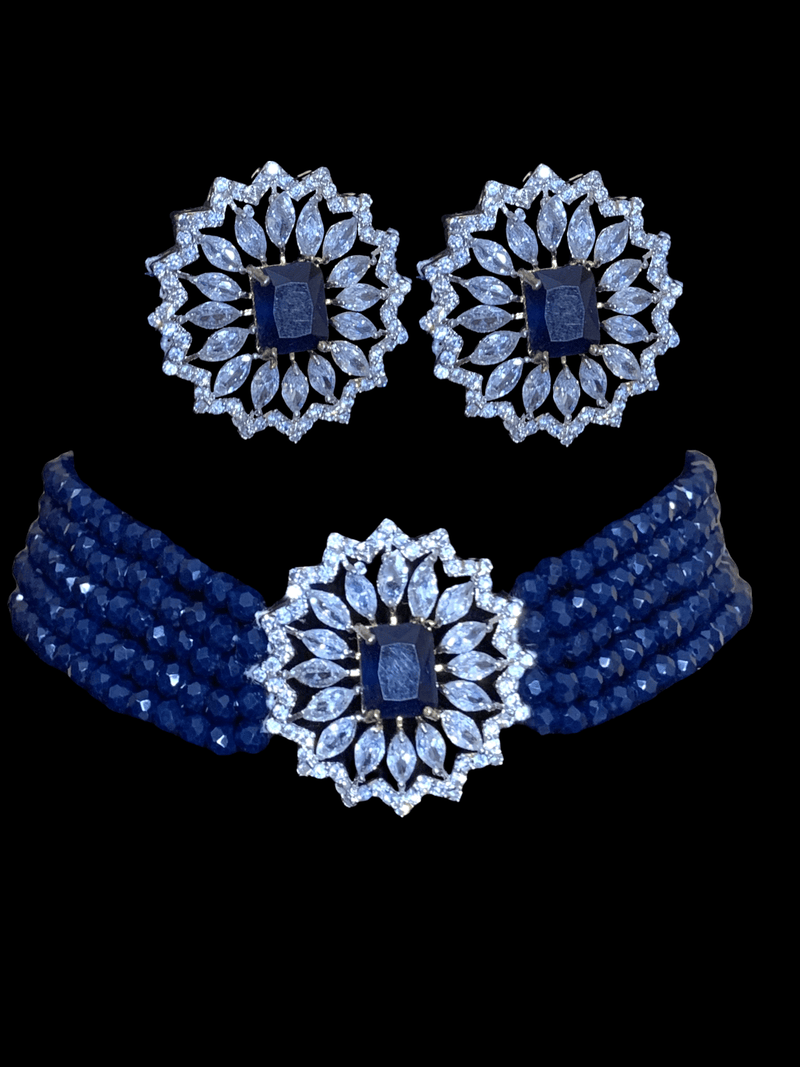 cz choker in blue beads    ( READY TO SHIP)