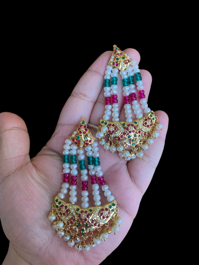 Gold plated silver ruby emerald jhoomar earrings