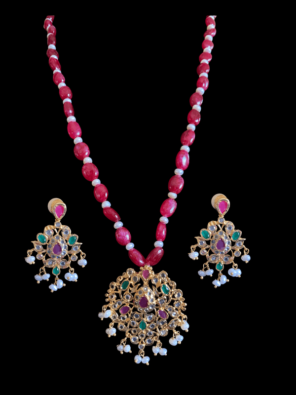 PS513 Hania hyderabadi pendant set in ruby emerald  ( READY TO SHIP )