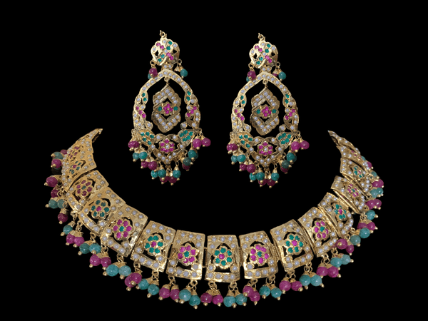 Reshma punjabi Jadau necklace with earrings in ruby emerald (READY TO SHIP)