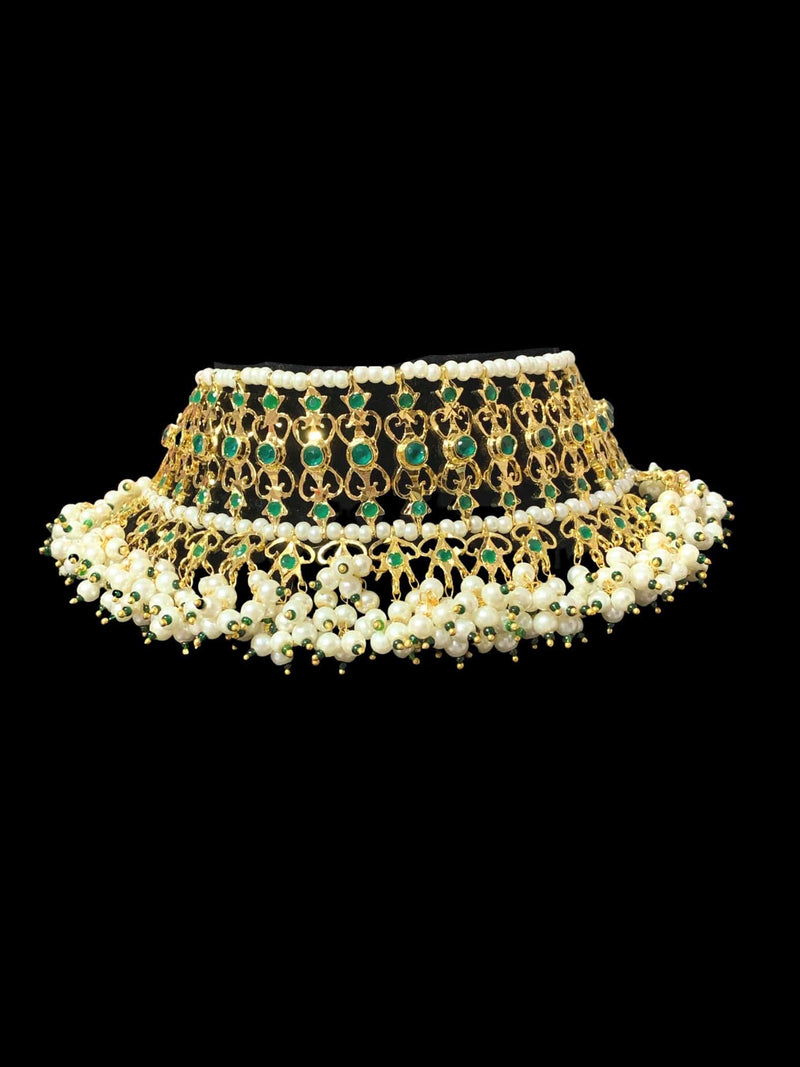 C15 Viya bridal choker set in emerald  and pearls  (SHIPS IN 4 WEEKS )