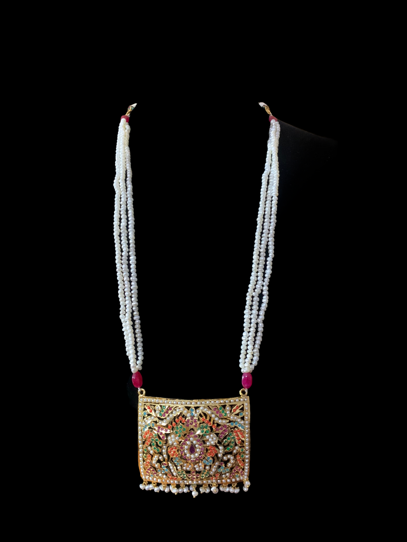 Gold plated jadau navratan long mala with earrings in fresh water pearls ( SHIPS IN 4 WEEKS )