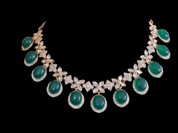 NS345  Gold plated high quality cz polki necklace with earrings - Green ( READY TO SHIP)