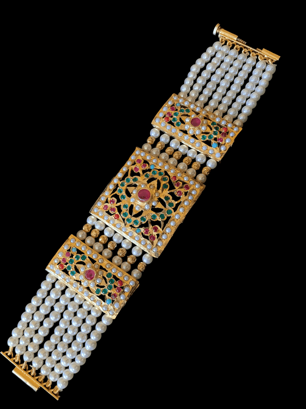 B66 Saira jadau bracelet in navratan with pearls    ( READY TO SHIP  )