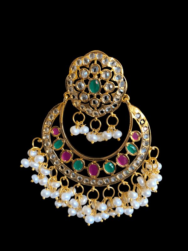 DER266 kainat Chandbali in fresh water pearls - ruby emerald ( READY TO SHIP )