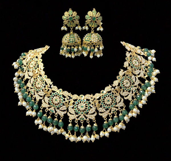 NS68 Rashmika jadau necklace with jhumka ( emeralds) ( READY TO SHIP)