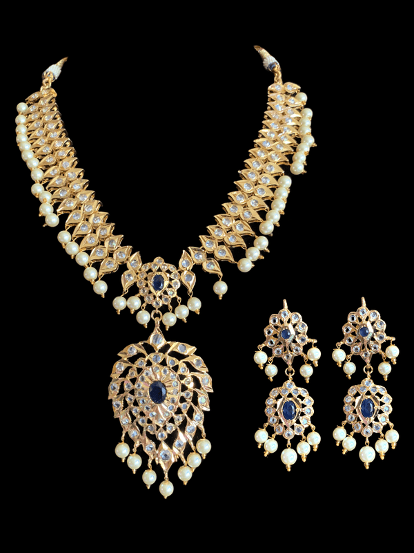 NS233 Ila nizami mango style bridal necklace with earrings in blue  (Ships in 4 weeks  )