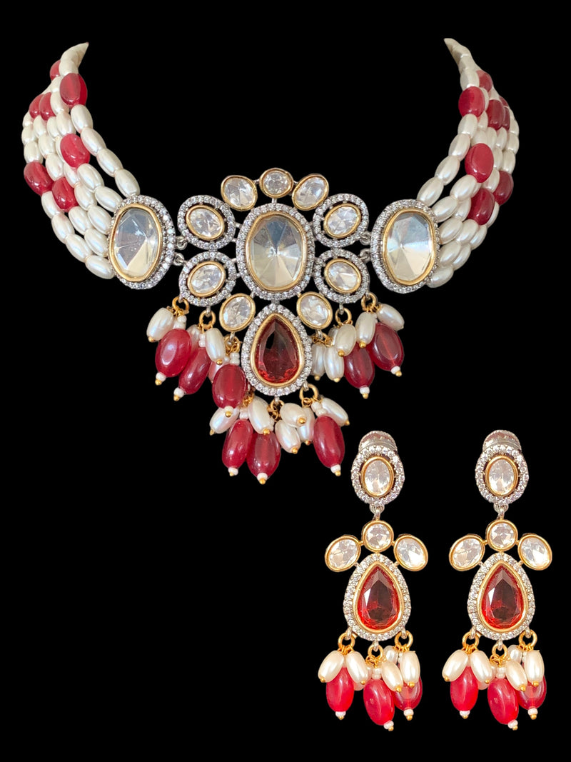 C207 Wajeeha polki choker with pearls and ruby beads ( READY TO SHIP)