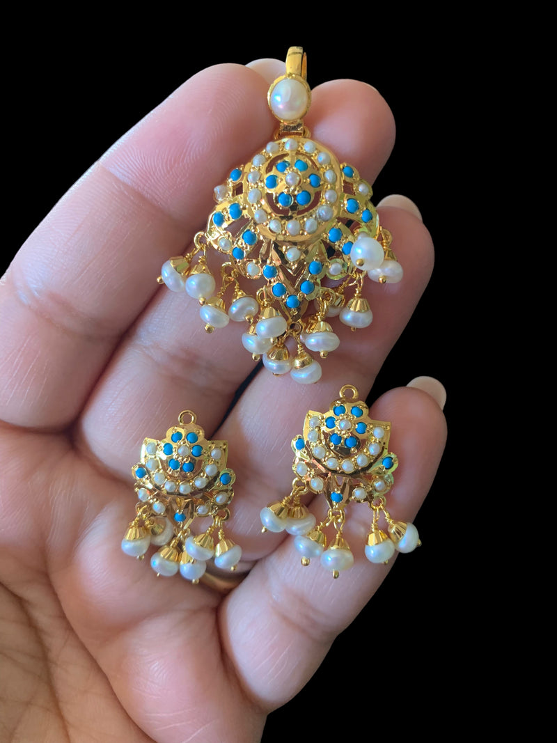 Gold plated silver pendant set in turquoise / feroza ( SHIPS IN 4 WEEKS )