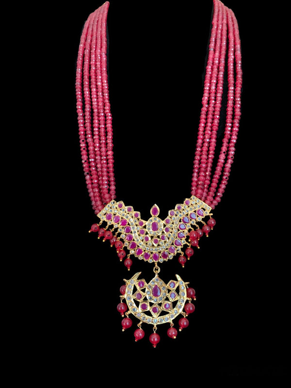 LN47 Ramia Hyderabadi long ruby beaded rani haar with earrings ( READY TO SHIP )