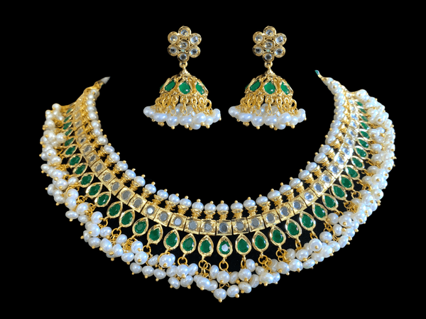 NS284 Faiza necklace set in fresh water pearls - green   (SHIPS IN 3 WEEKS  )