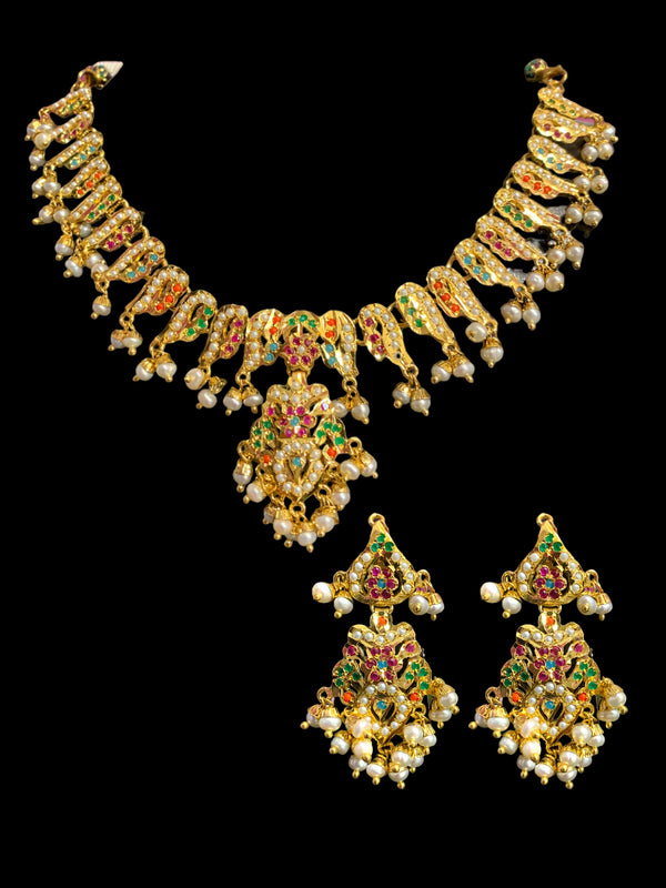 NS377 Navratan jadau necklace set with fresh water pearls ( READY TO SHIP)