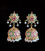 DER614 Navya fresh water pearls jhumka - ruby emerald ( READY TO SHIP )