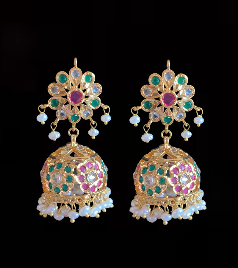 DER614 Navya fresh water pearls jhumka - ruby emerald ( READY TO SHIP )