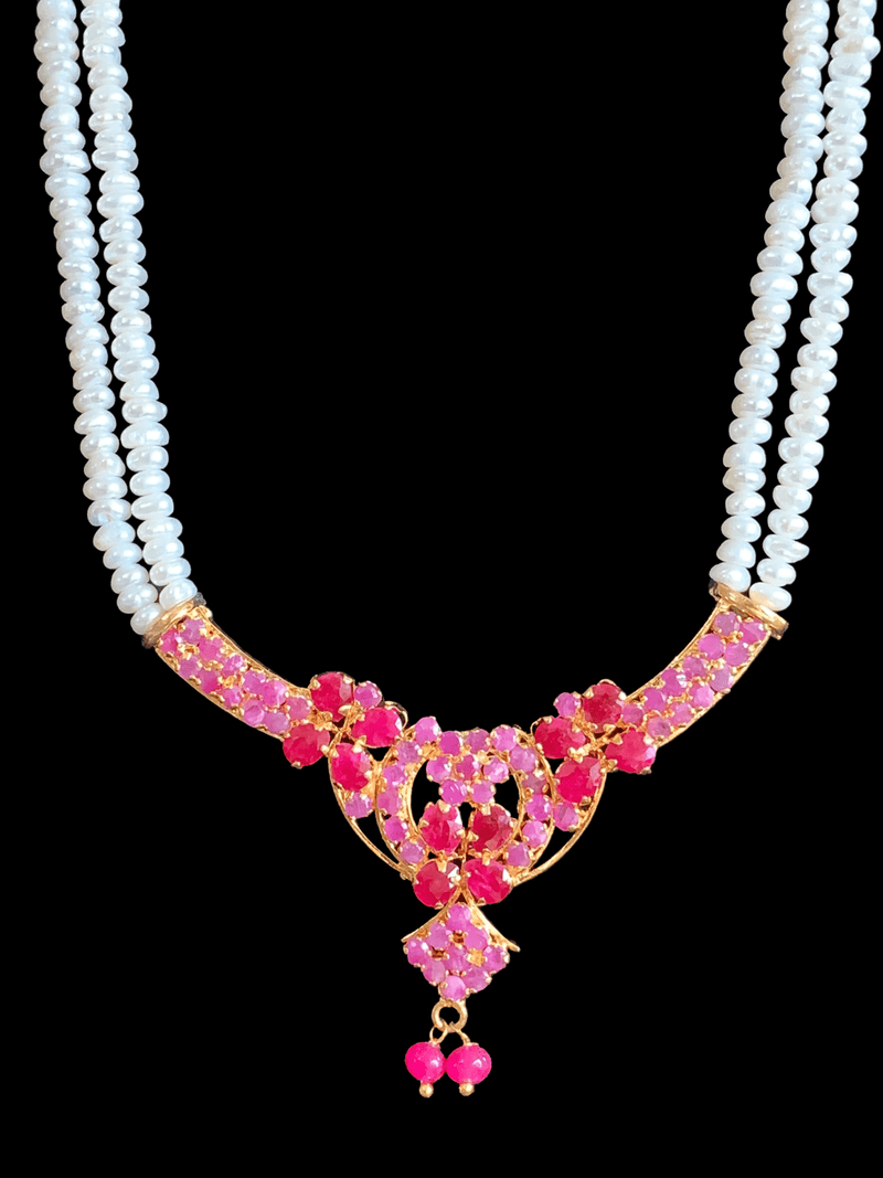 LN134  Ruby long  necklace  set in fresh water pearls ( READY TO SHIP )